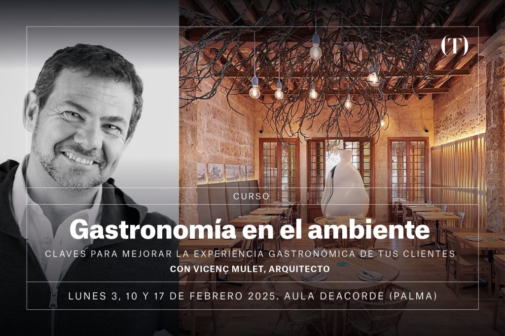 Gastronomía en el ambiente. Porque todo cuenta.
Claves para mejorar la experiencia gastronómica de tus clientes.

Lunes 3, 10 y 17 de febrero de 2025. De 16:30 a 20:00 horas.
Aula Deacorde. Torre Asima, Planta 10. Gran Vía Asima, 2. Palma.

En un local lleno de ruido es difícil disfrutar de la compañía con la que quieres mantener una conversación mínimamente civilizada. De hecho, es difícil disfrutar siquiera de la comida, porque las papilas gustativas (o el cerebro que traduce su lenguaje) están tan escondidas bajo la capa de sonido, que no queda ni un trozo sin invadir. ¿Cómo sería ese mismo bocado en un entorno perfecto en cuando a calidad del ambiente, sonido, temperatura y luz? Probablemente, muy distinto.

Así que hemos decidido empezar el año con buen pie y darle la importancia que tiene con un curso de ambientación de salas. Práctico, con casos reales, efectivo y con un objetivo claro: identificar y optimizar los puntos débiles de tu restaurante, maximizando todo su potencial.

Contenido:
- Atmósfera. Crear un ambiente acogedor y auténtico.
- Iluminación. Diseñar escenarios visuales para potenciar el espacio y resaltar los platos.
- Acústica: Lograr el equilibrio perfecto entre conversación y tranquilidad.
- Ventilación: Garantizar confort y eliminar olores no deseados.

Ponente: Vicenç Mulet. Arquitecto con más de 25 años de experiencia, ha dedicado su carrera al diseño de interiores, espacios efímeros y eventos, fusionando arquitectura y gastronomía. Diseñador entre otros muchos de restaurantes como Sa Llotja, Bocoi o Egos Club.